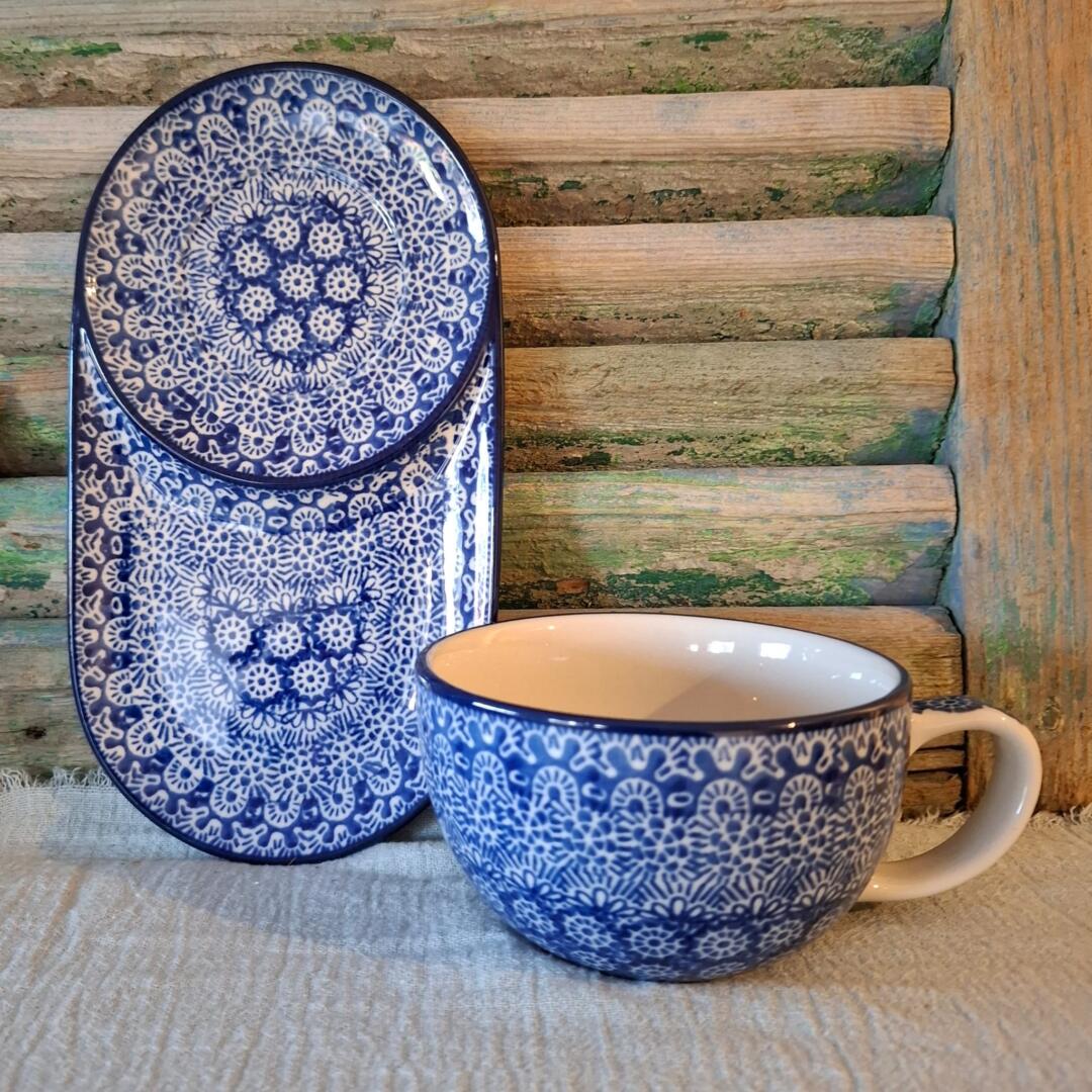 CA G89-G90-884x Bunzlau Cappuccinomok, soepkom met schotel Lace - Afbeelding 3