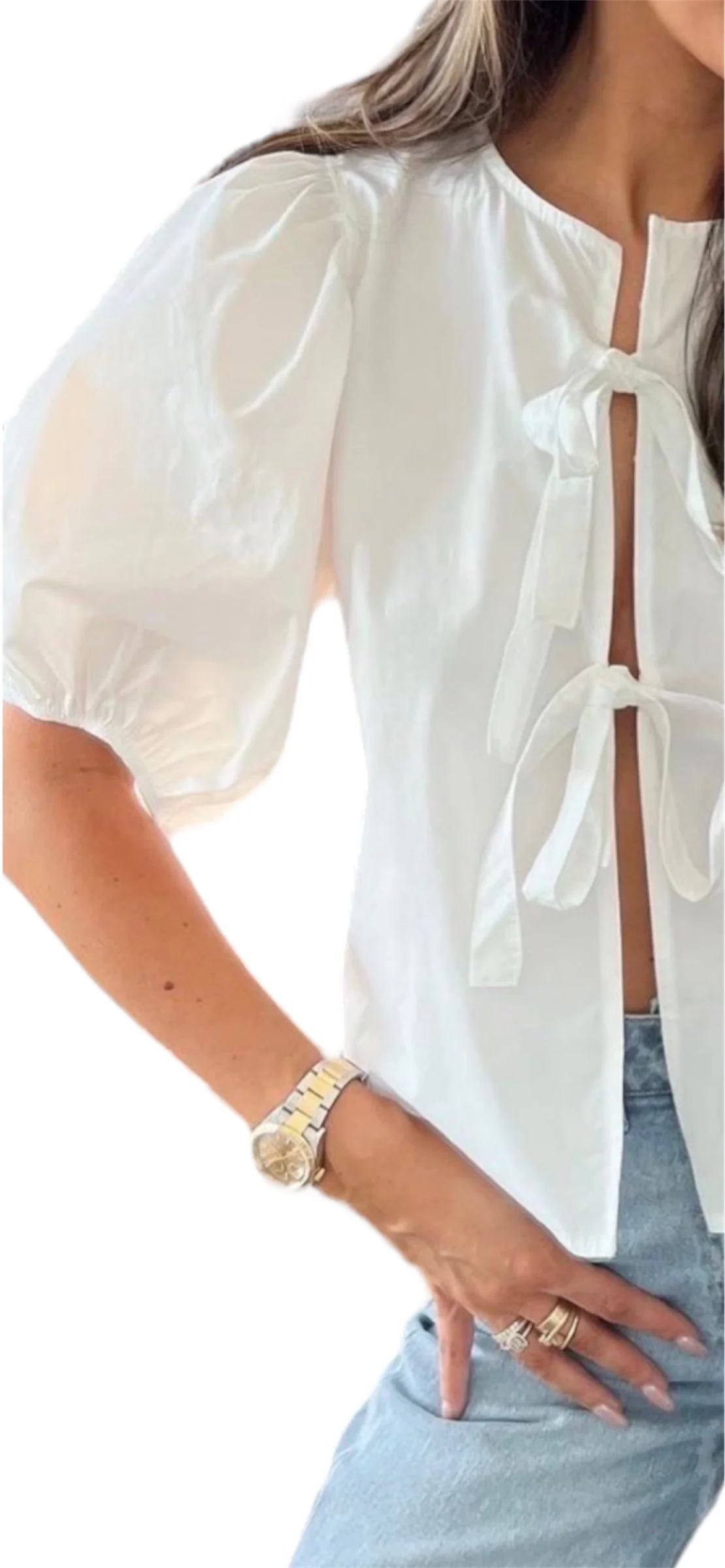 Blouse Top met ballon mouw en strikjes - Afbeelding 2