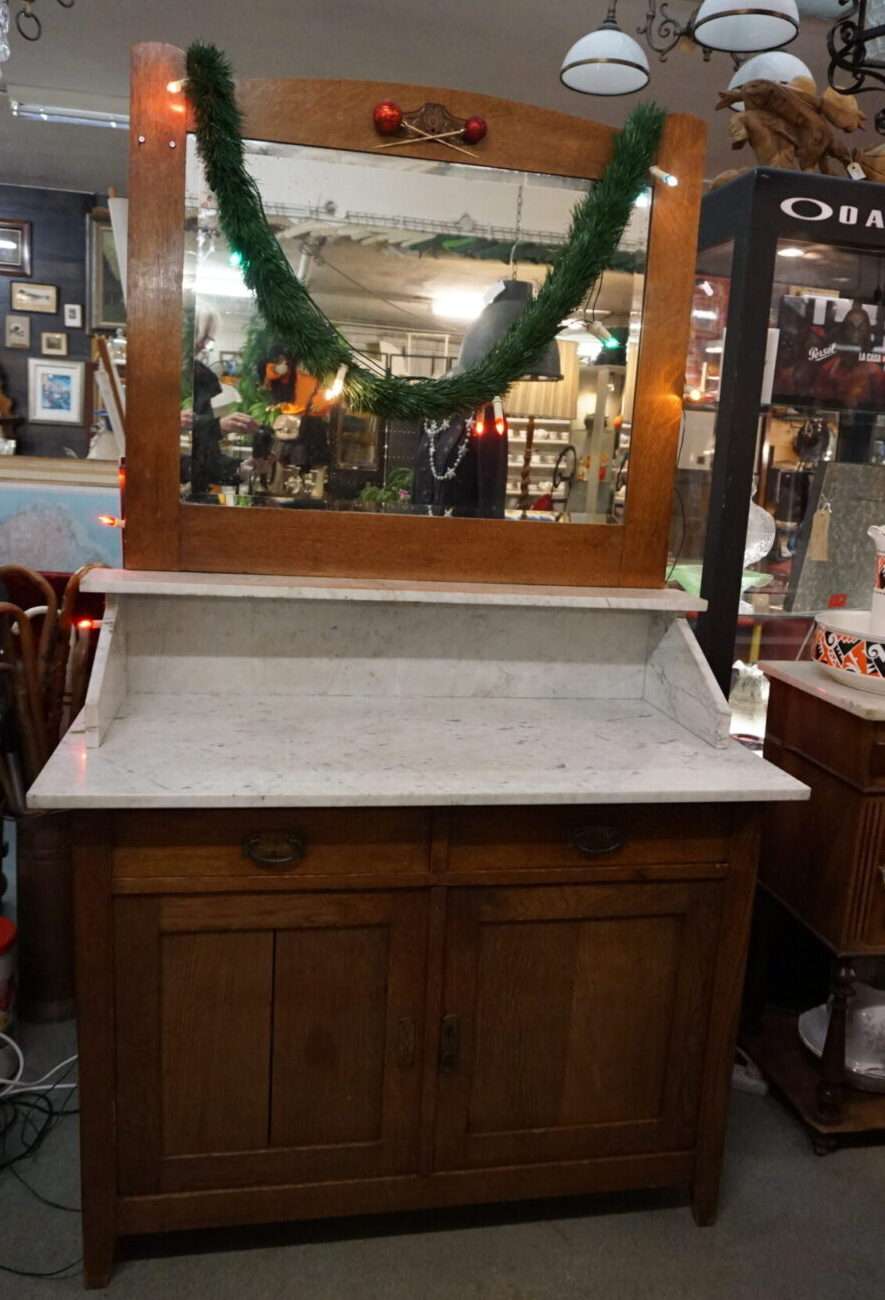 Antieke wastafelkast commode met marmer blad - Afbeelding 2