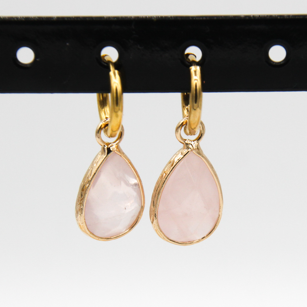 Creool met druppelvormig natuursteentje-goud/pink - Afbeelding 2