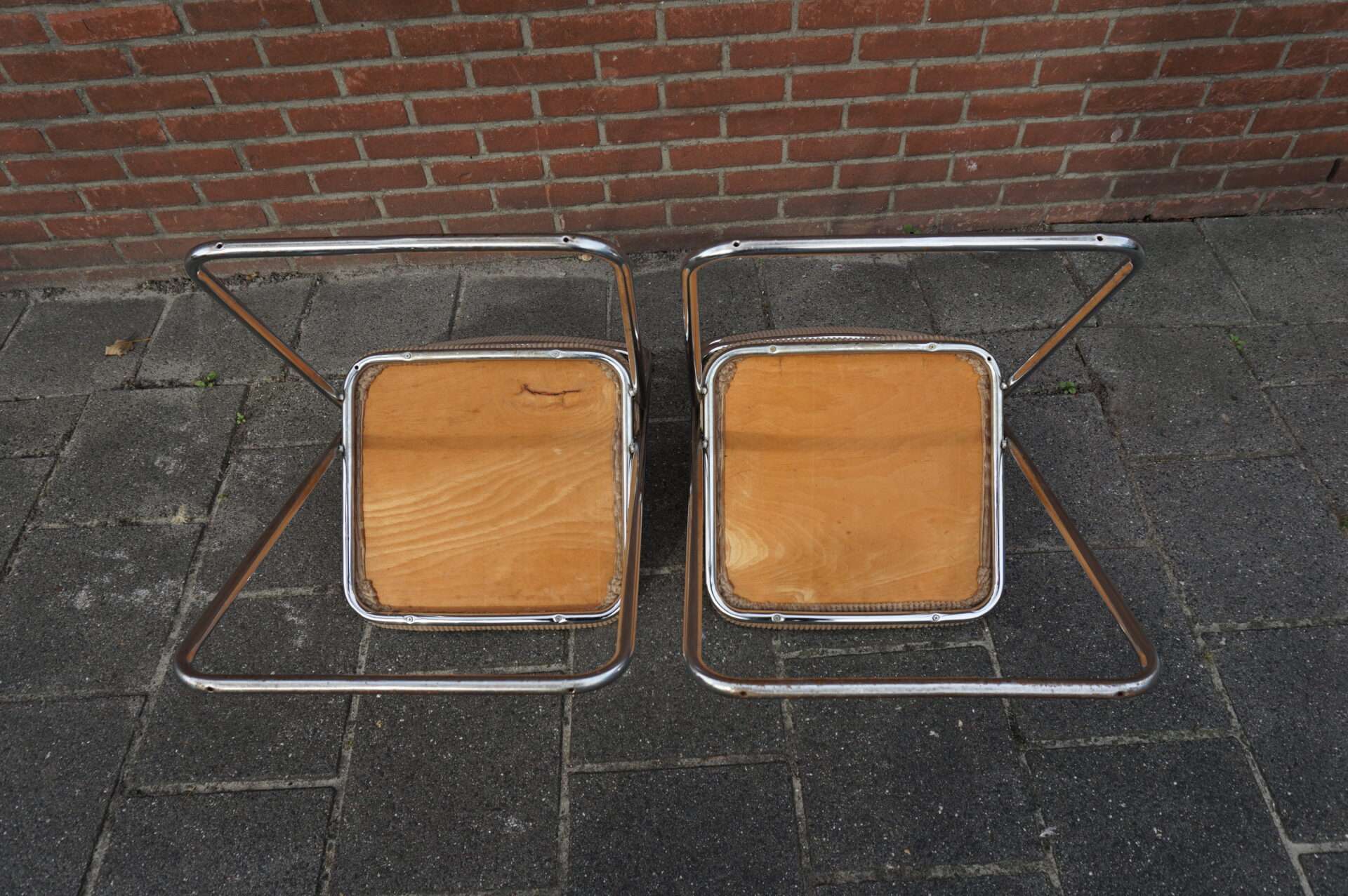 Vintage buisframe stoelen met ribstoffen bekleding - Afbeelding 6