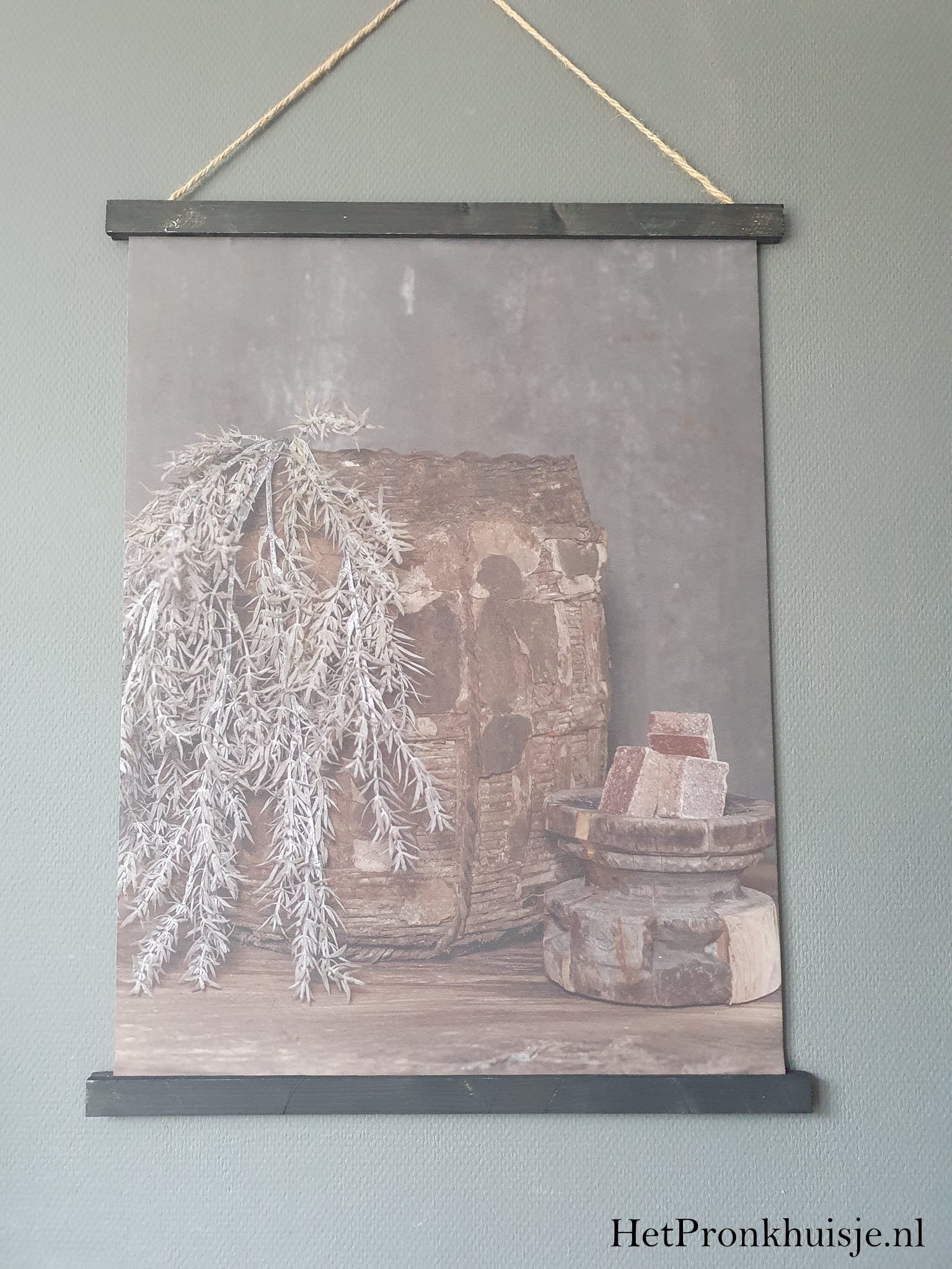 Wanddoek. Leemmand met hangplant. - Afbeelding 2